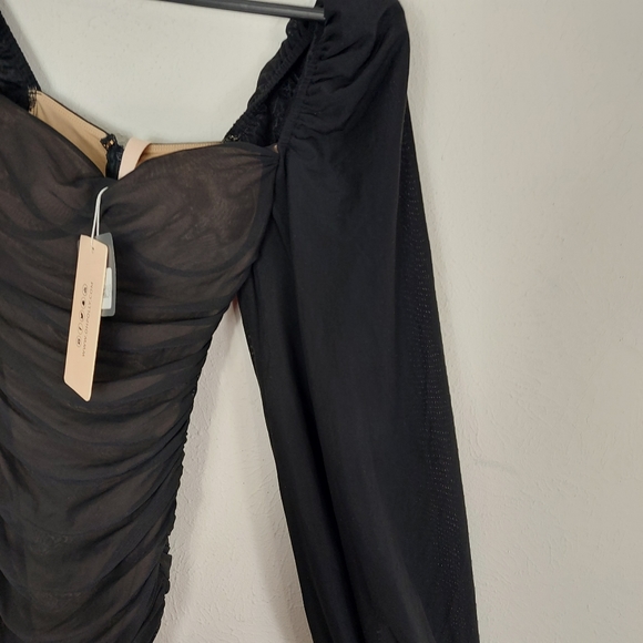 NWT OH POLLY FEELING GOOD LONG PUFF SLEEVE RUCHED MESH MINI DRESS US 2 UK 6. - Picture 5 of 11